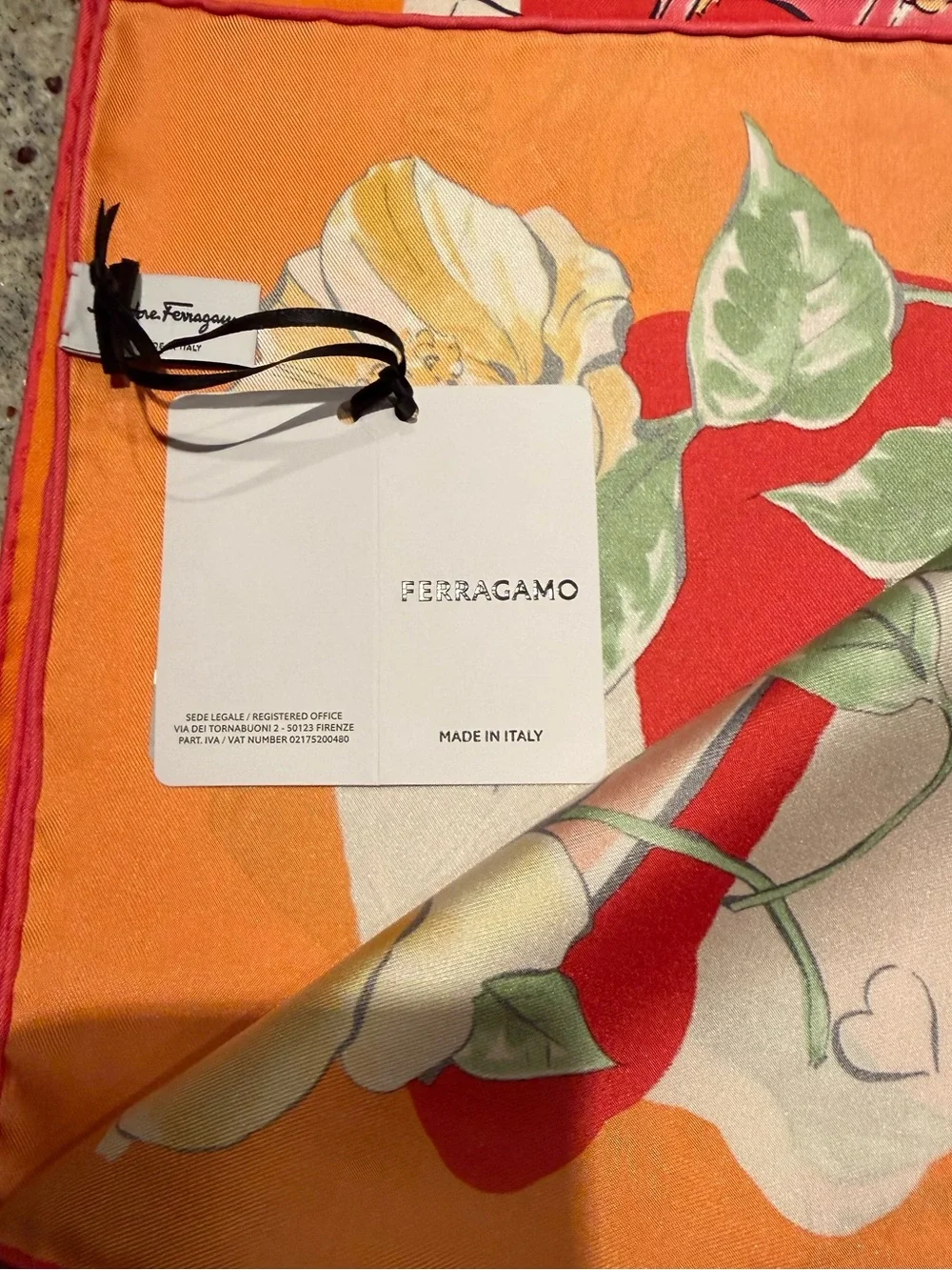 Salvatore Ferragamo 100% Silk Floral Handbag Print Scarf Orange Pink